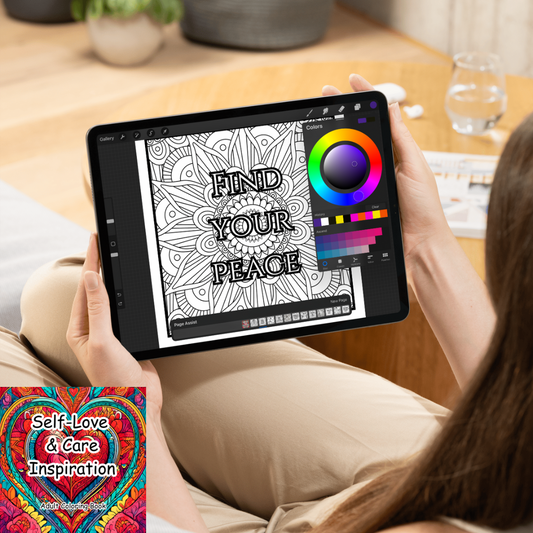 Person coloring a mandala on a digital tablet with 'Find Your Peace' text.