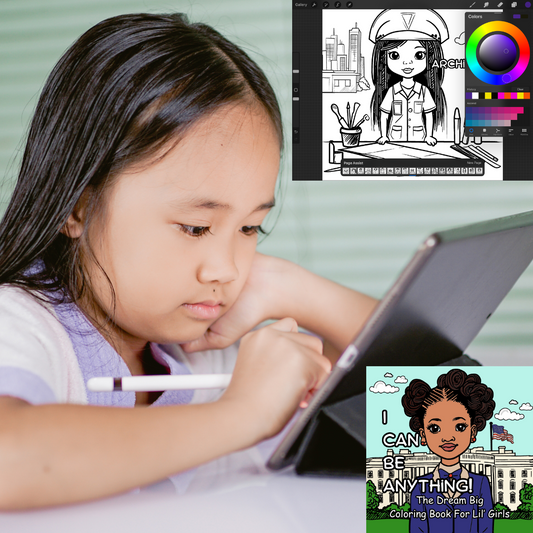 Child using a tablet with digital art and coloring book displayed on screen