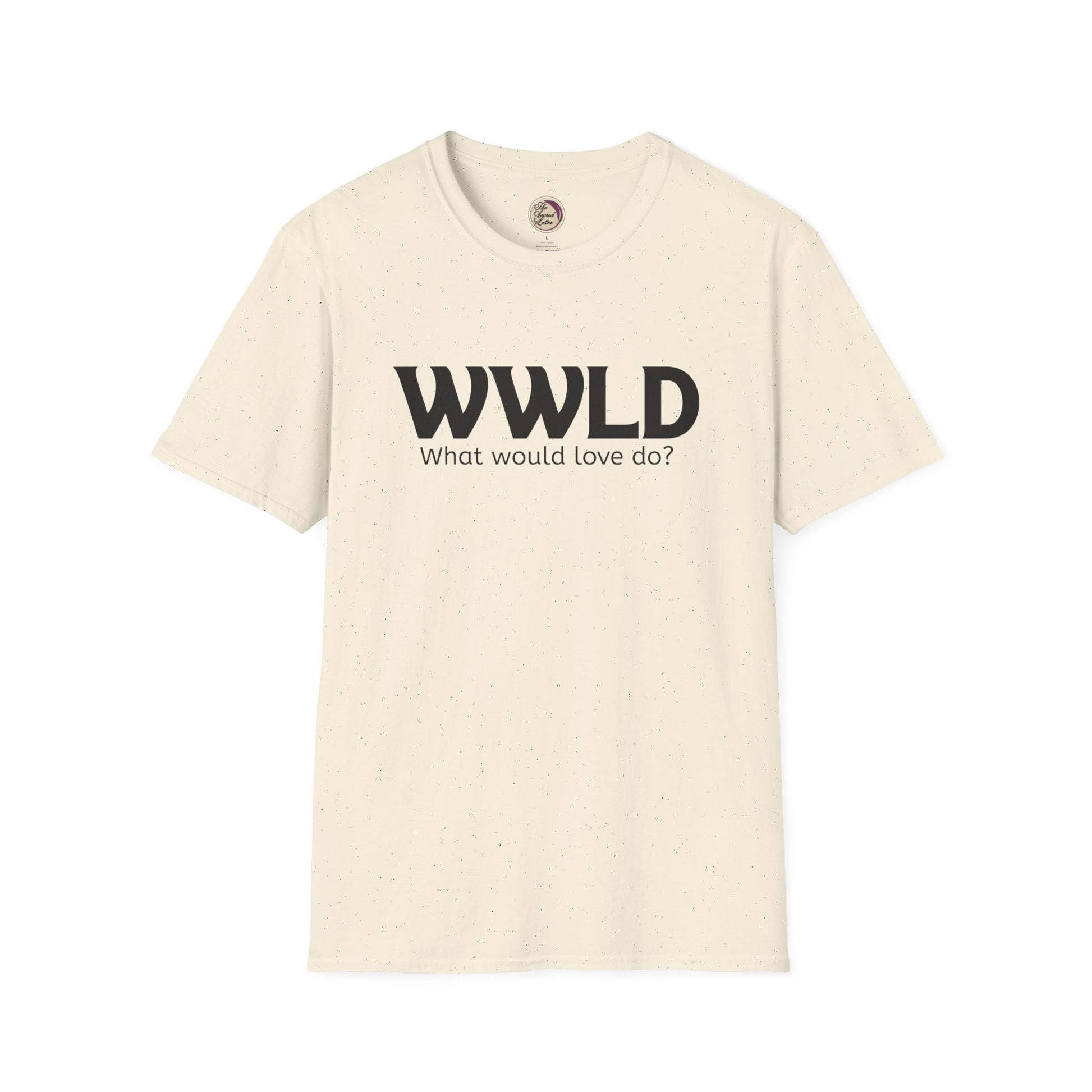 Beige t-shirt with 'WWLD What would love do?' text on a white background