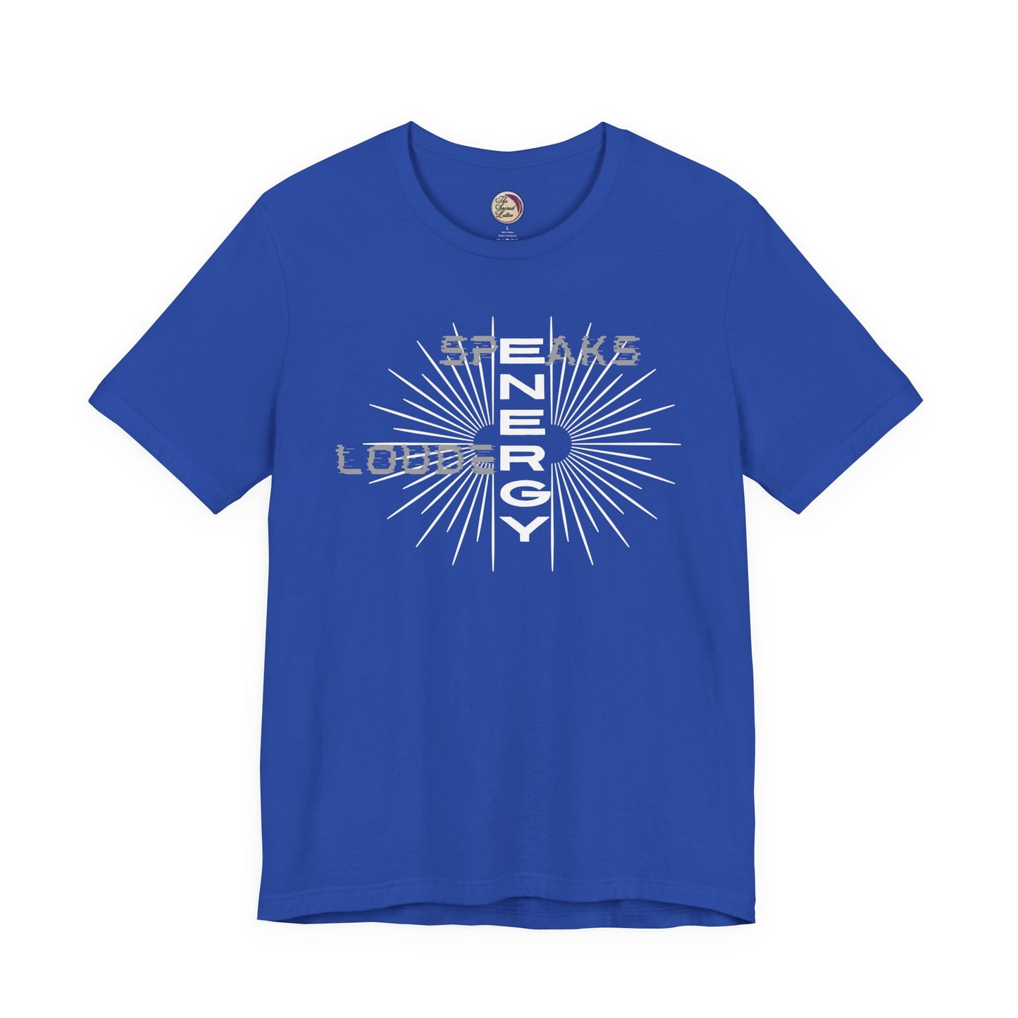 Blue t-shirt with white graphic design on a white background