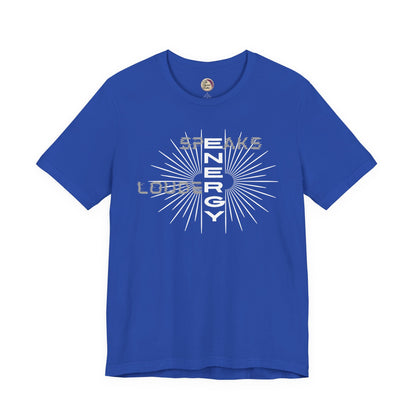 Blue t-shirt with white graphic design on a white background
