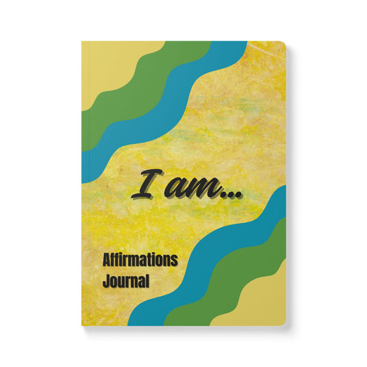 Journal with 'I am... Affirmations Journal' text on a yellow background with blue and green wavy patterns