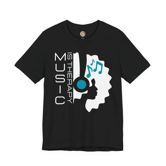 Black t-shirt with music-themed design and text on a white background