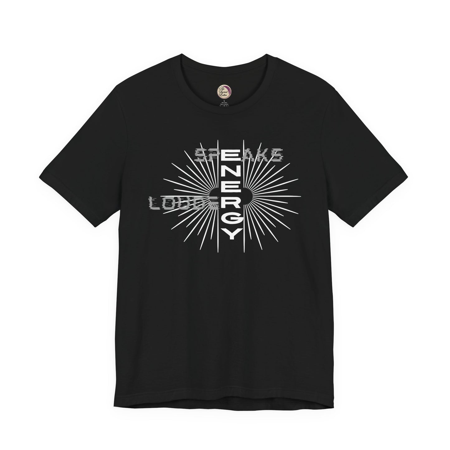 Black t-shirt with white graphic design on a white background