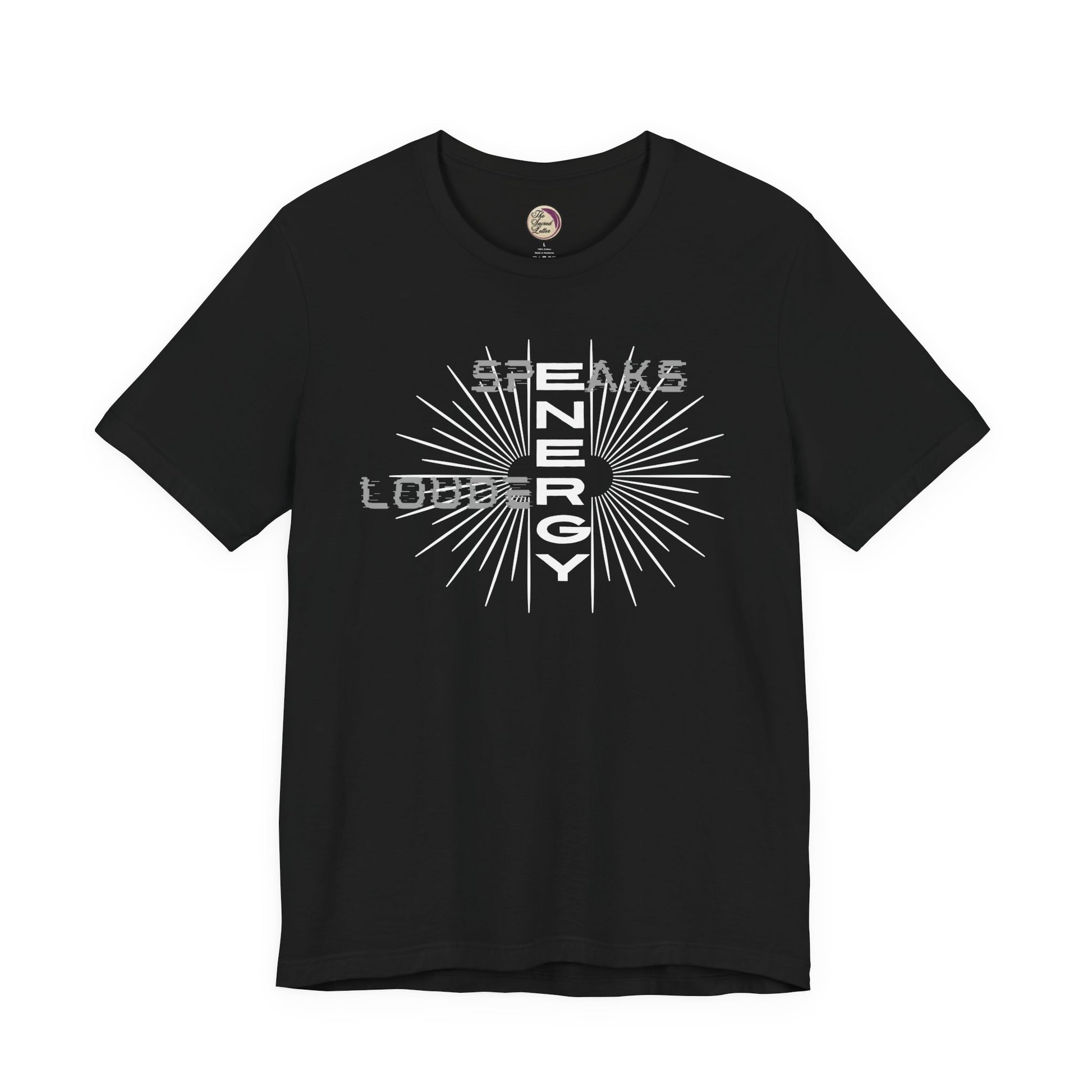 Black t-shirt with white graphic design on a white background