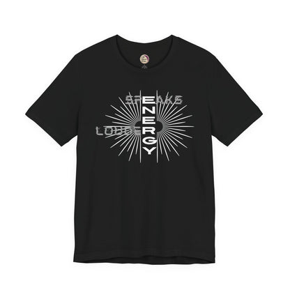 Black t-shirt with white graphic design on a white background