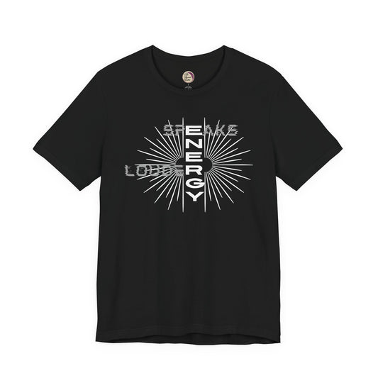 Black t-shirt with white graphic design on a white background