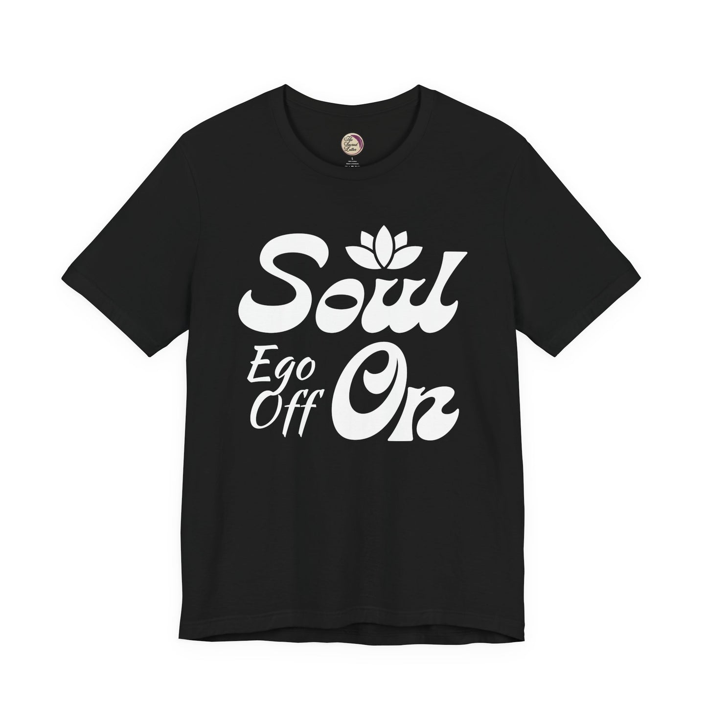 Black t-shirt with white text and logo on a white background