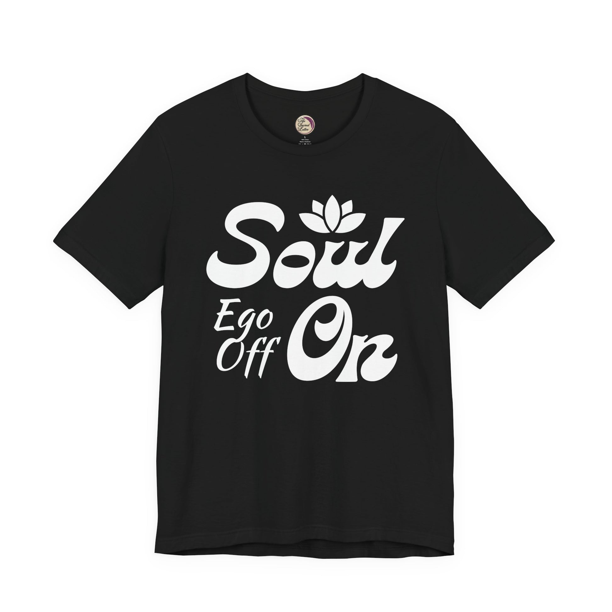 Black t-shirt with white text and logo on a white background