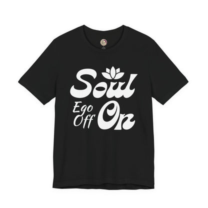 Black t-shirt with white text and logo on a white background