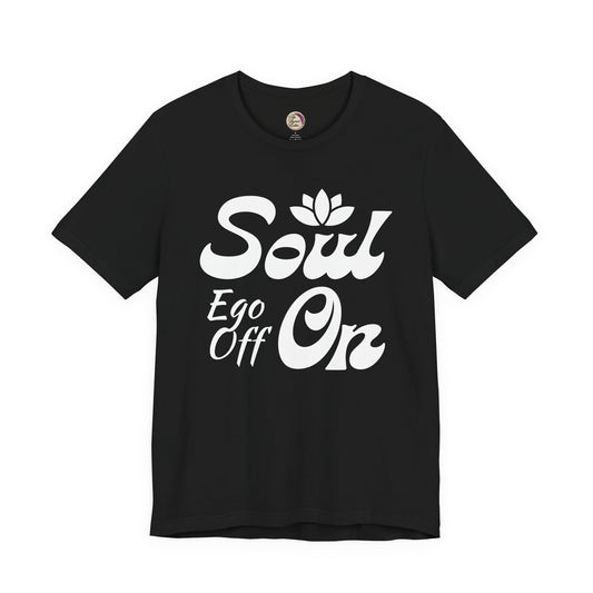 Black t-shirt with white text and logo on a white background