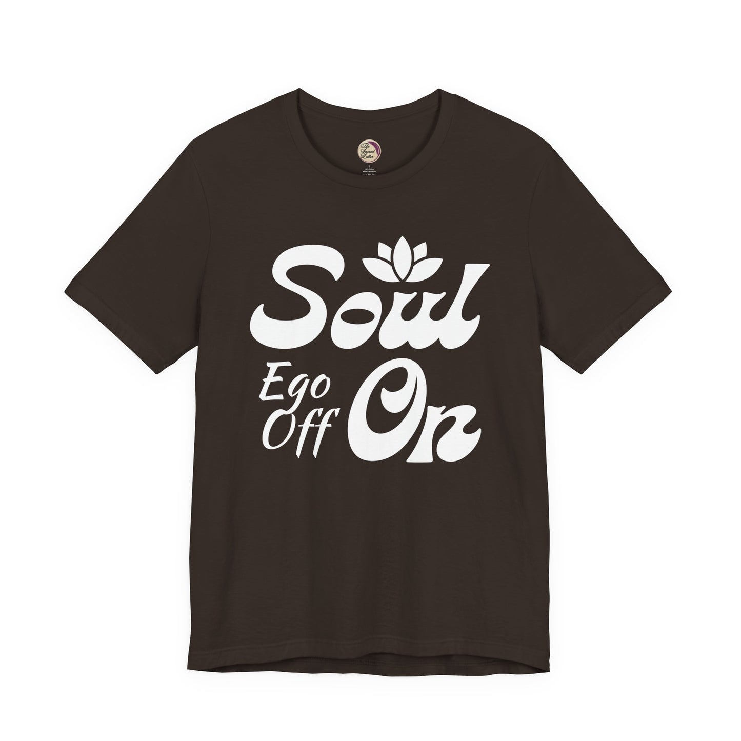 Brown t-shirt with white text and logo on a white background