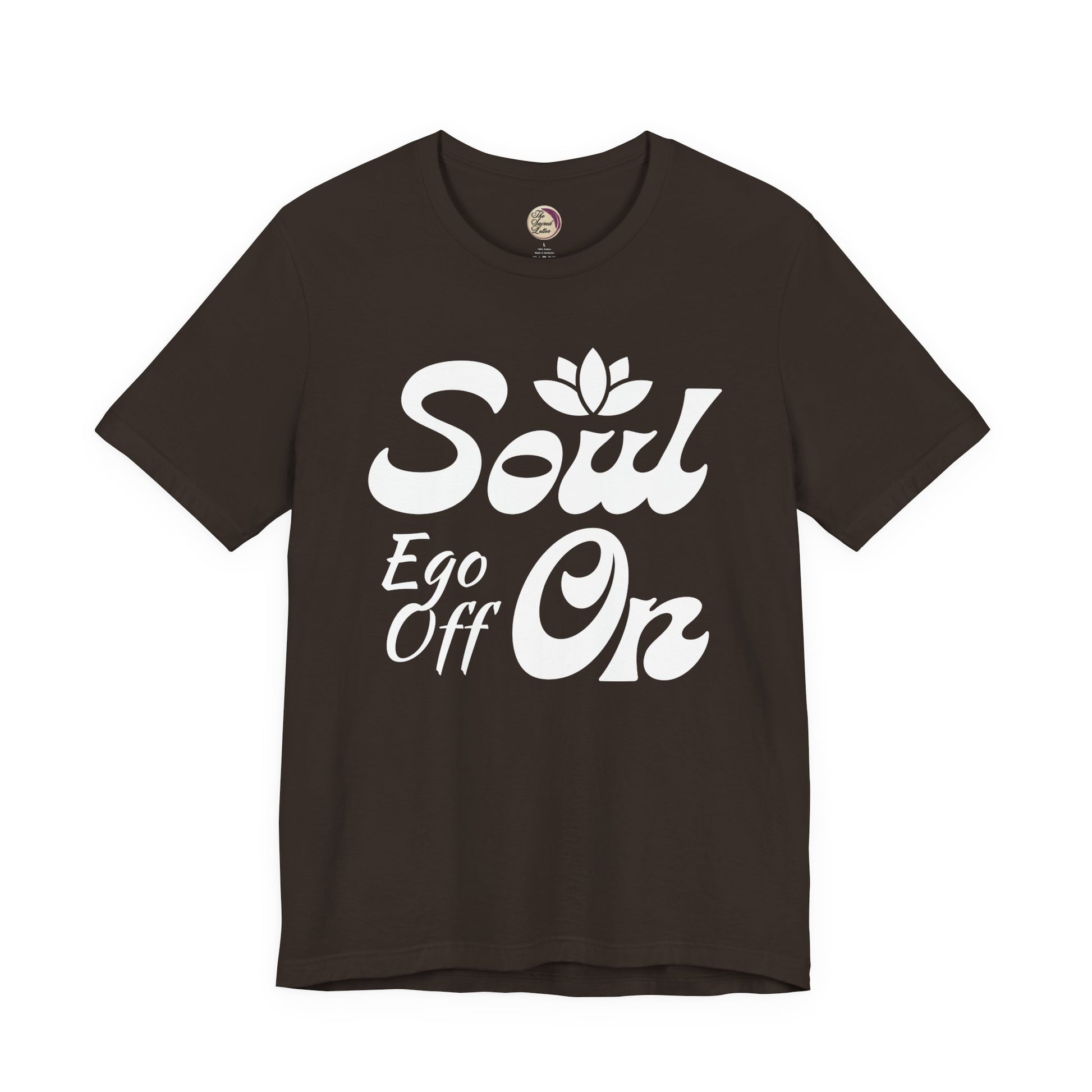 Brown t-shirt with white text and logo on a white background