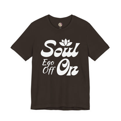 Brown t-shirt with white text and logo on a white background