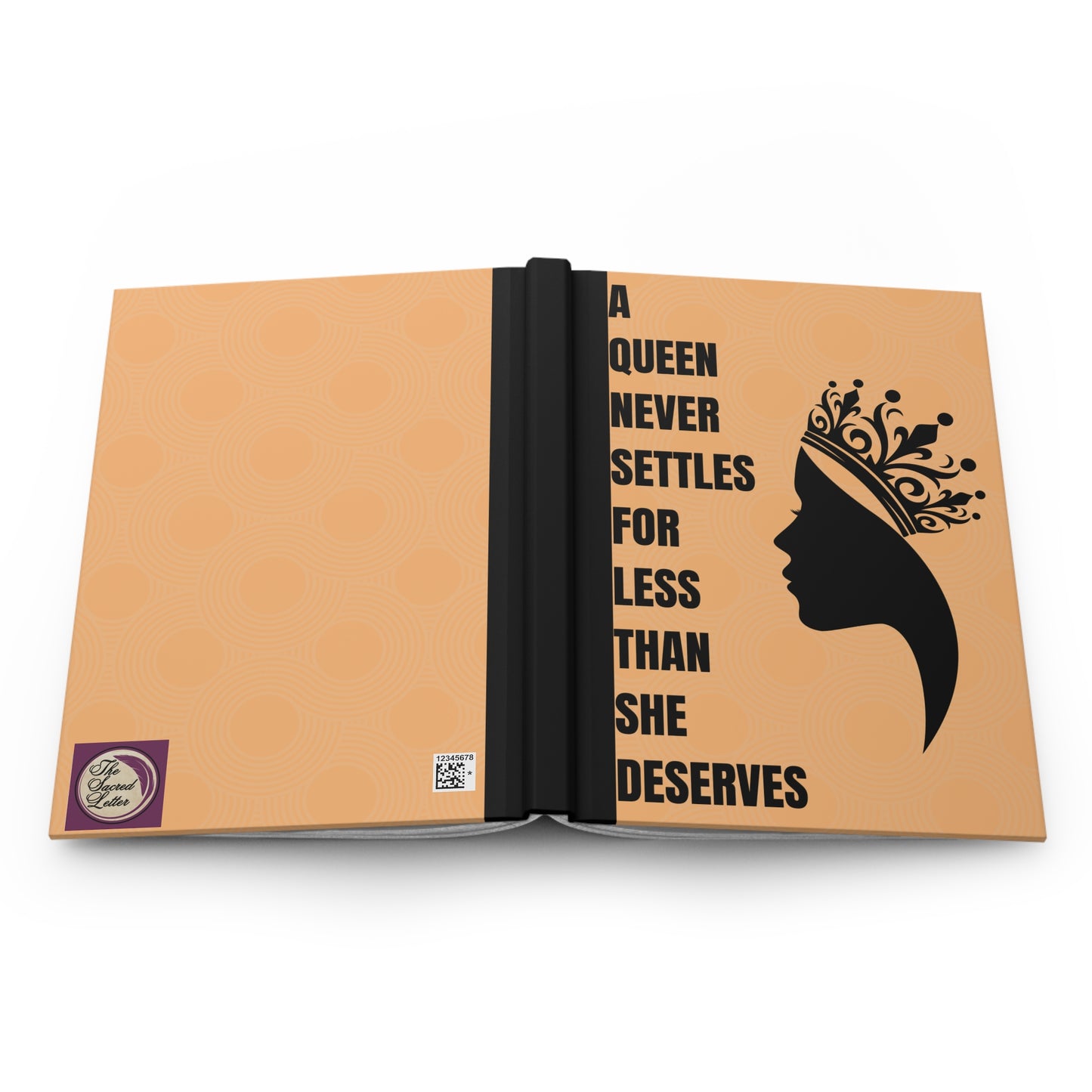 Open notebook with motivational quote and silhouette of a queen on beige cover