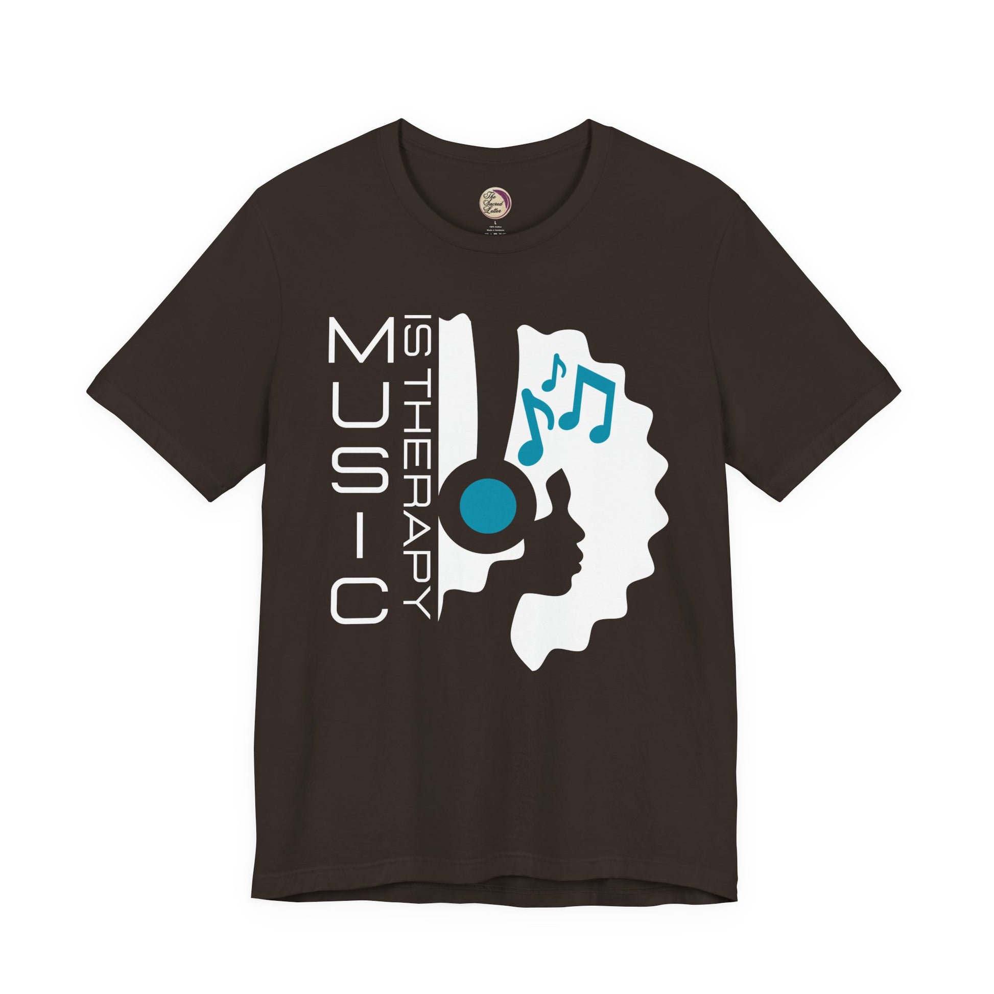 Brown t-shirt with music-themed design on a white background