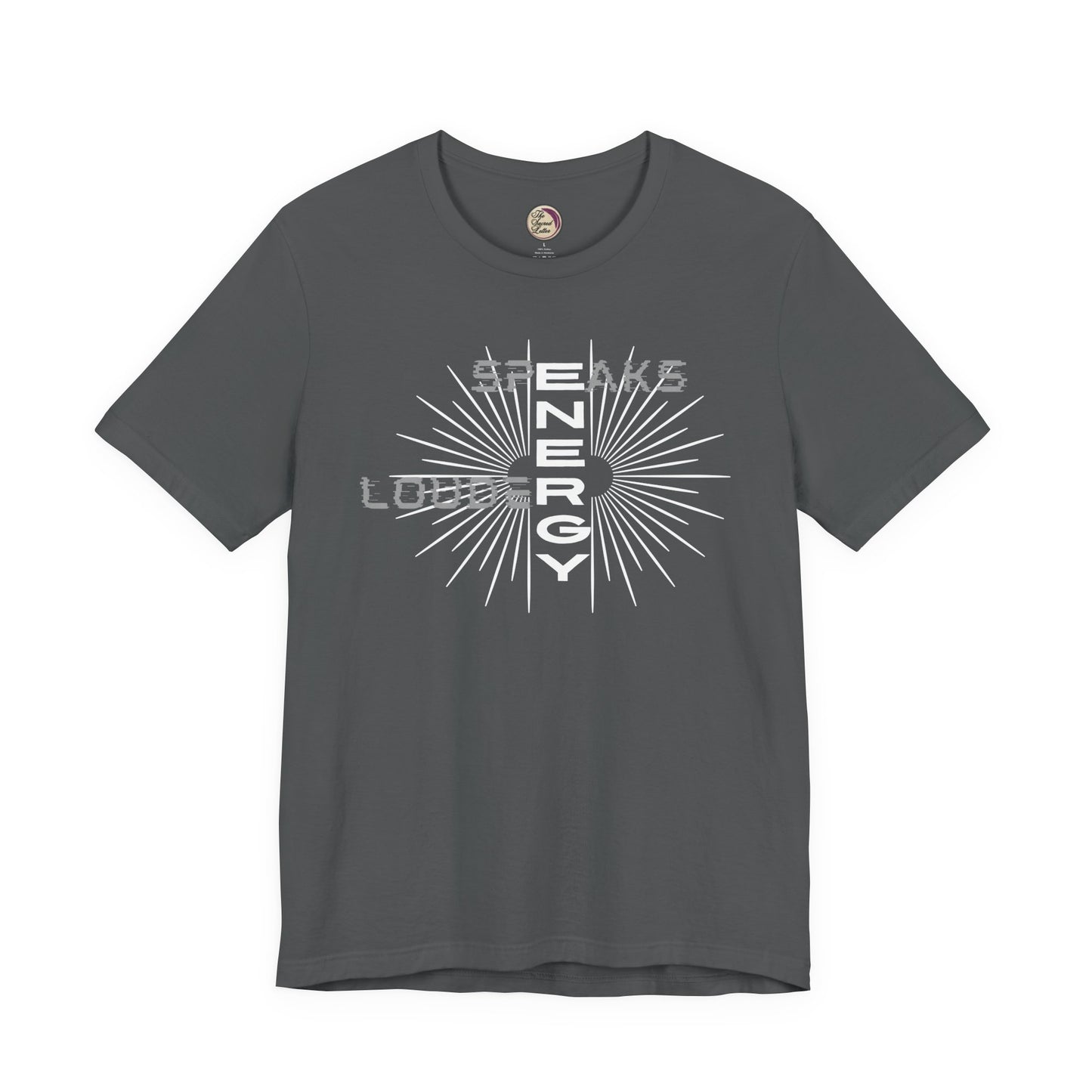 Gray t-shirt with white graphic design on a white background