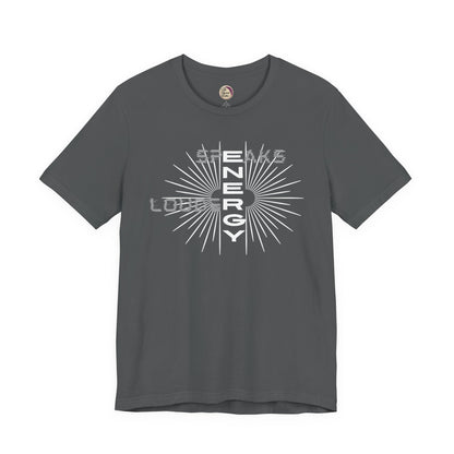 Gray t-shirt with white graphic design on a white background