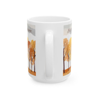 White mug with autumn tree design on a white background