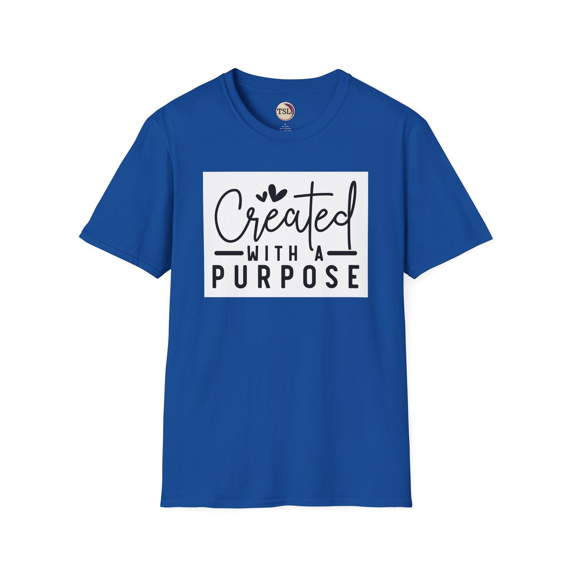 Blue t-shirt with 'Created with a Purpose' text on a white background