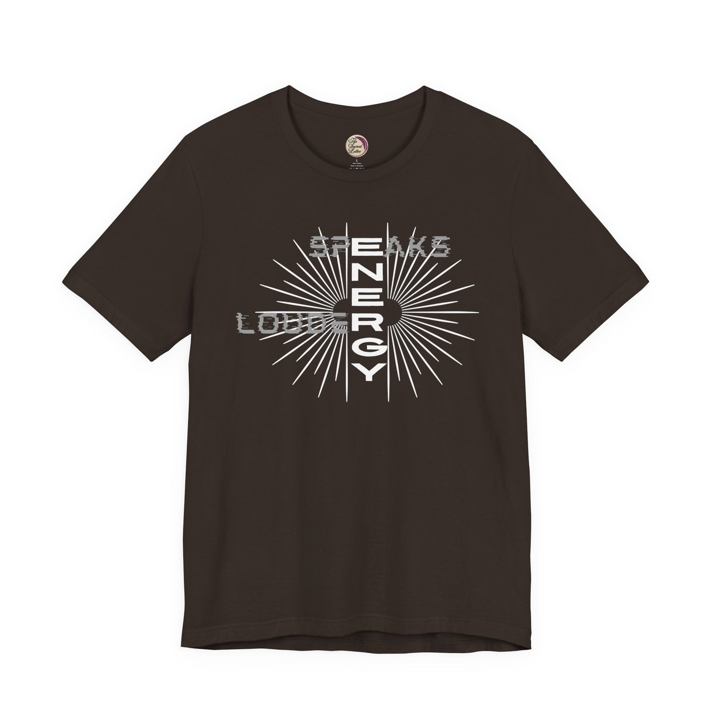 Brown t-shirt with white graphic design on a white background