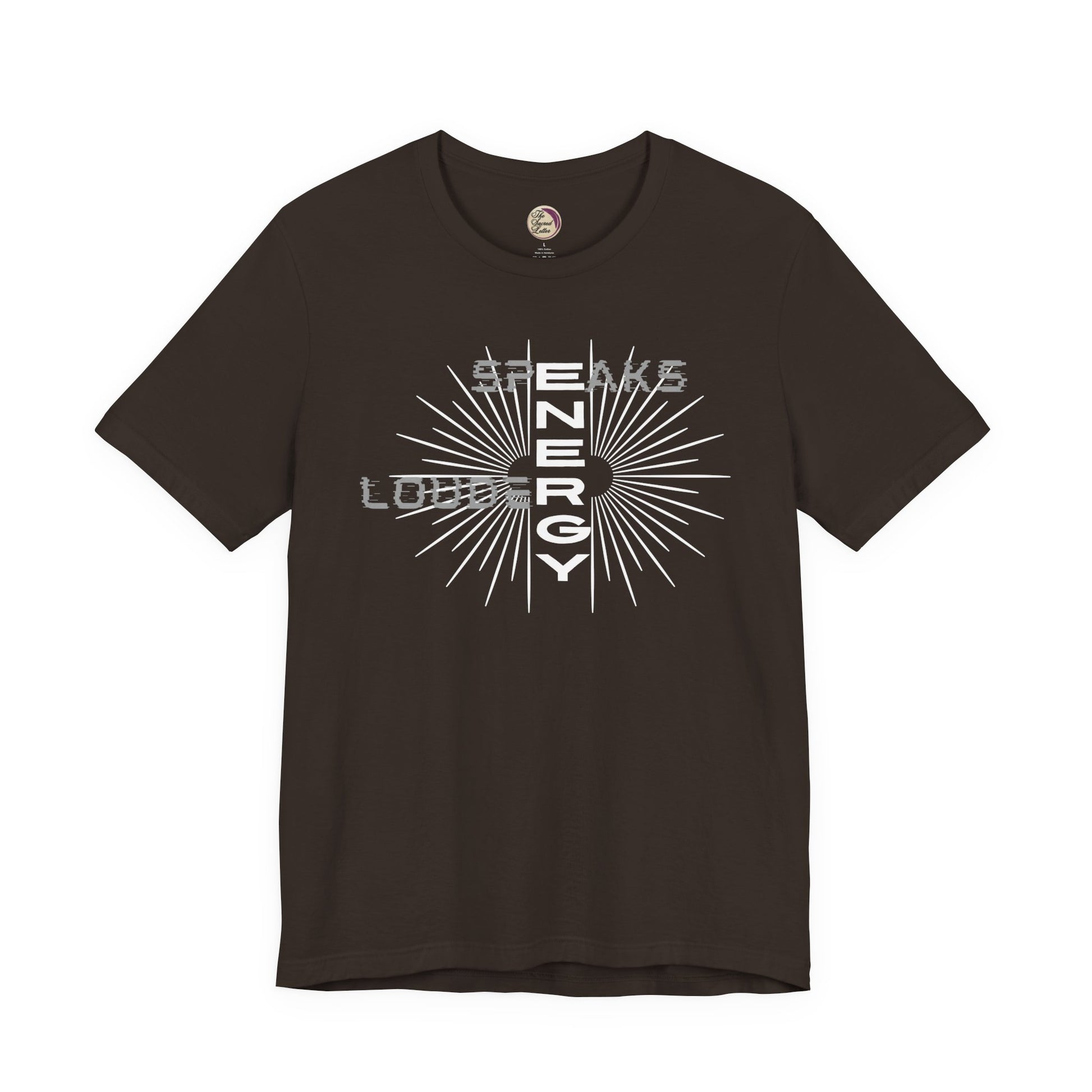 Brown t-shirt with white graphic design on a white background