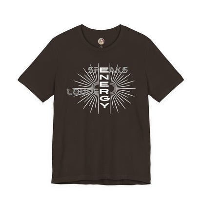Brown t-shirt with white graphic design on a white background
