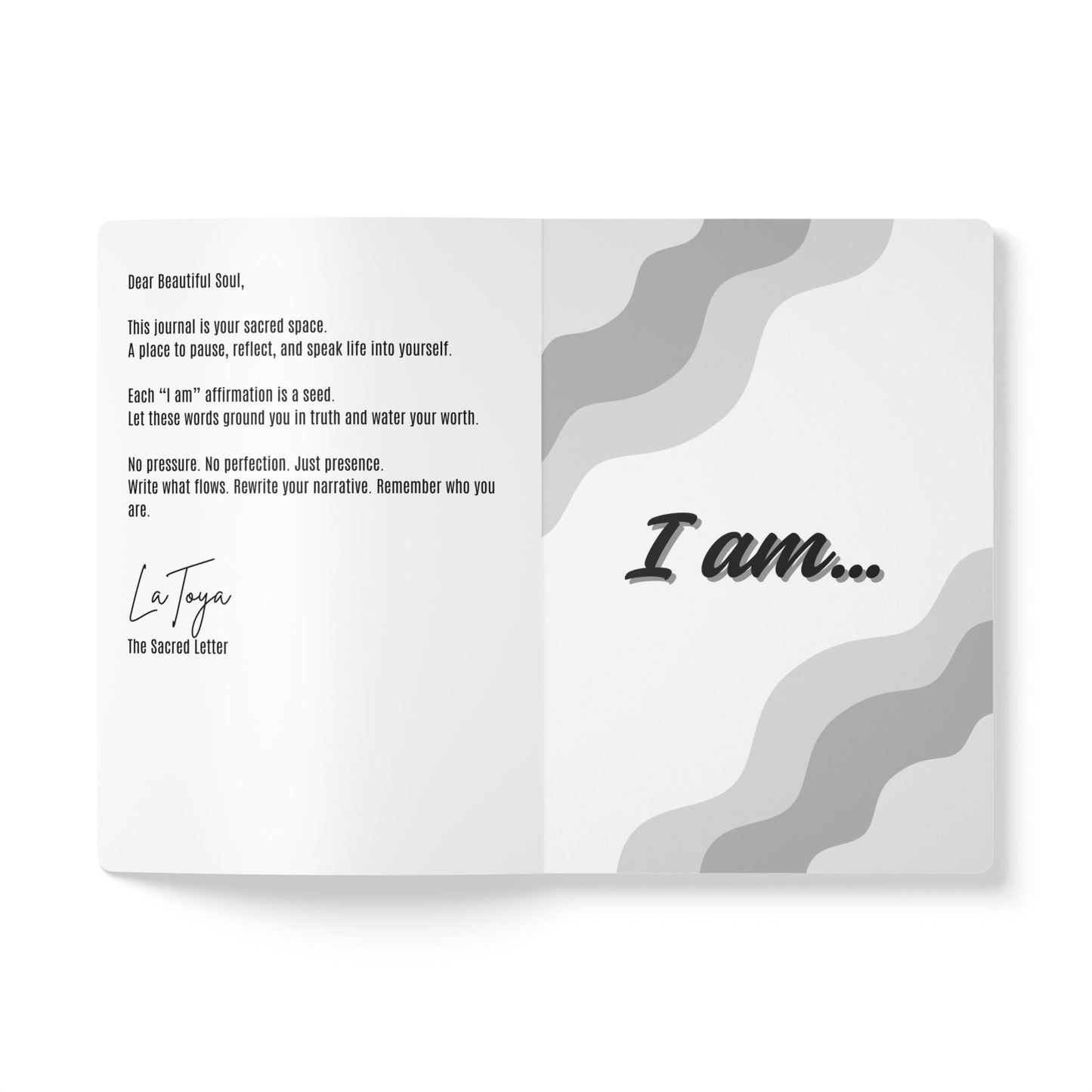 Open book with text and abstract design on a white background