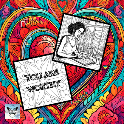Colorful abstract design with a black and white illustration of a woman and text 'YOU ARE WORTHY'.