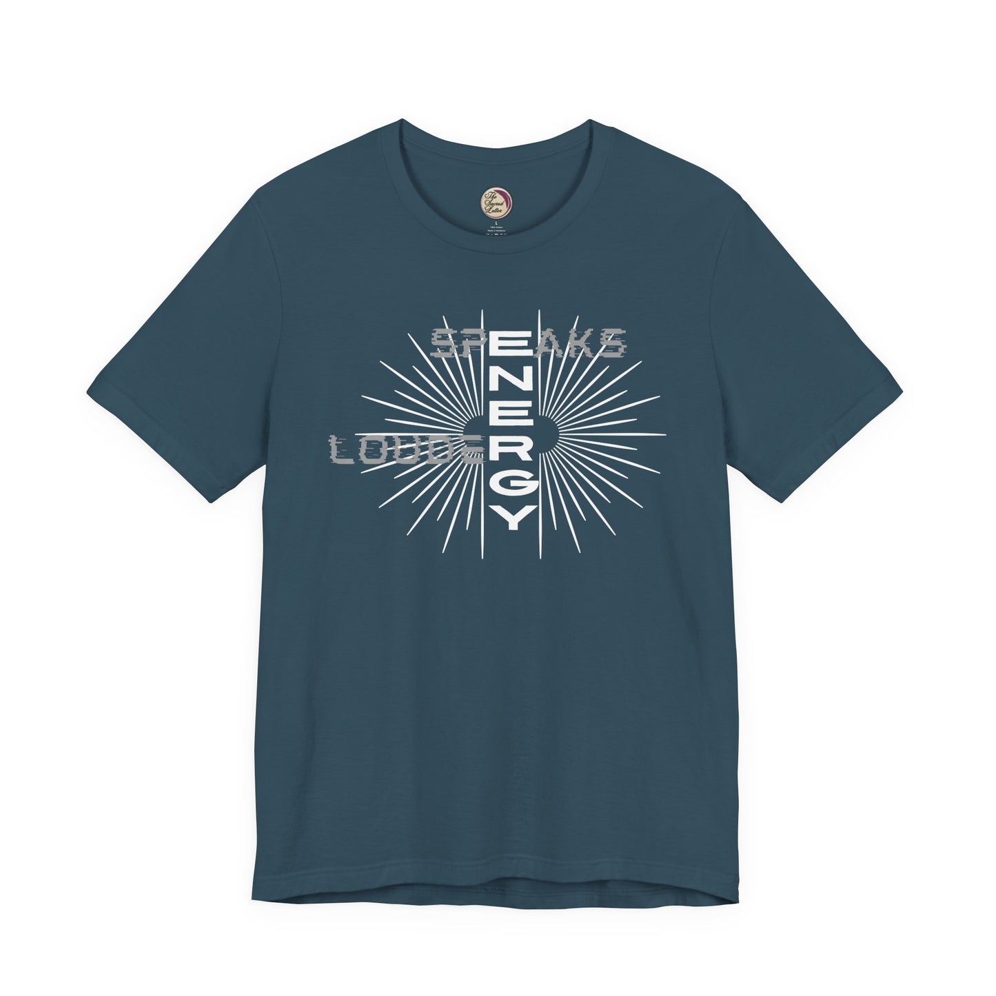 Navy blue t-shirt with white graphic design on a white background