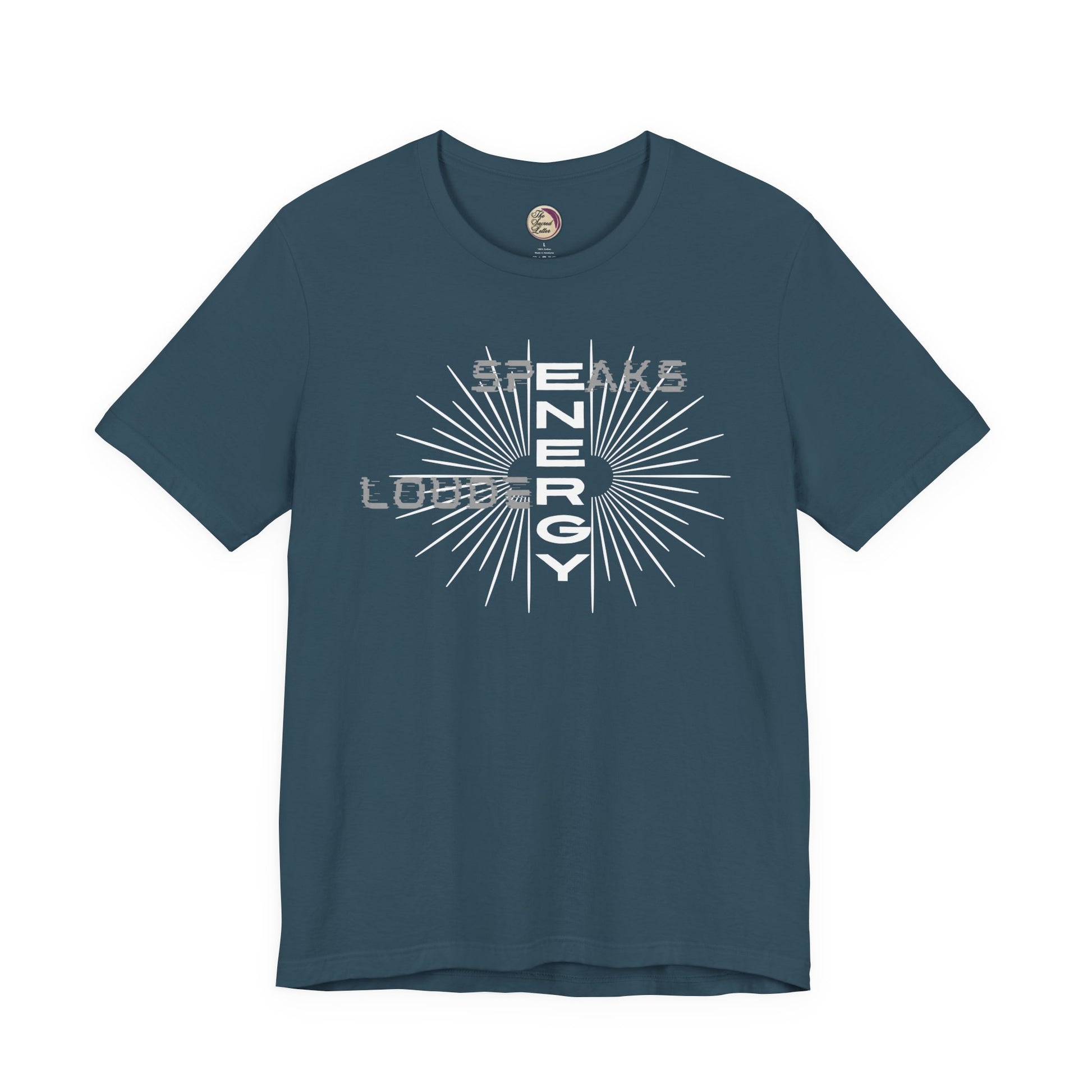 Navy blue t-shirt with white graphic design on a white background