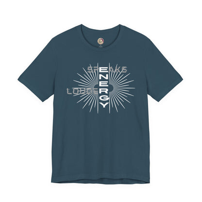 Navy blue t-shirt with white graphic design on a white background