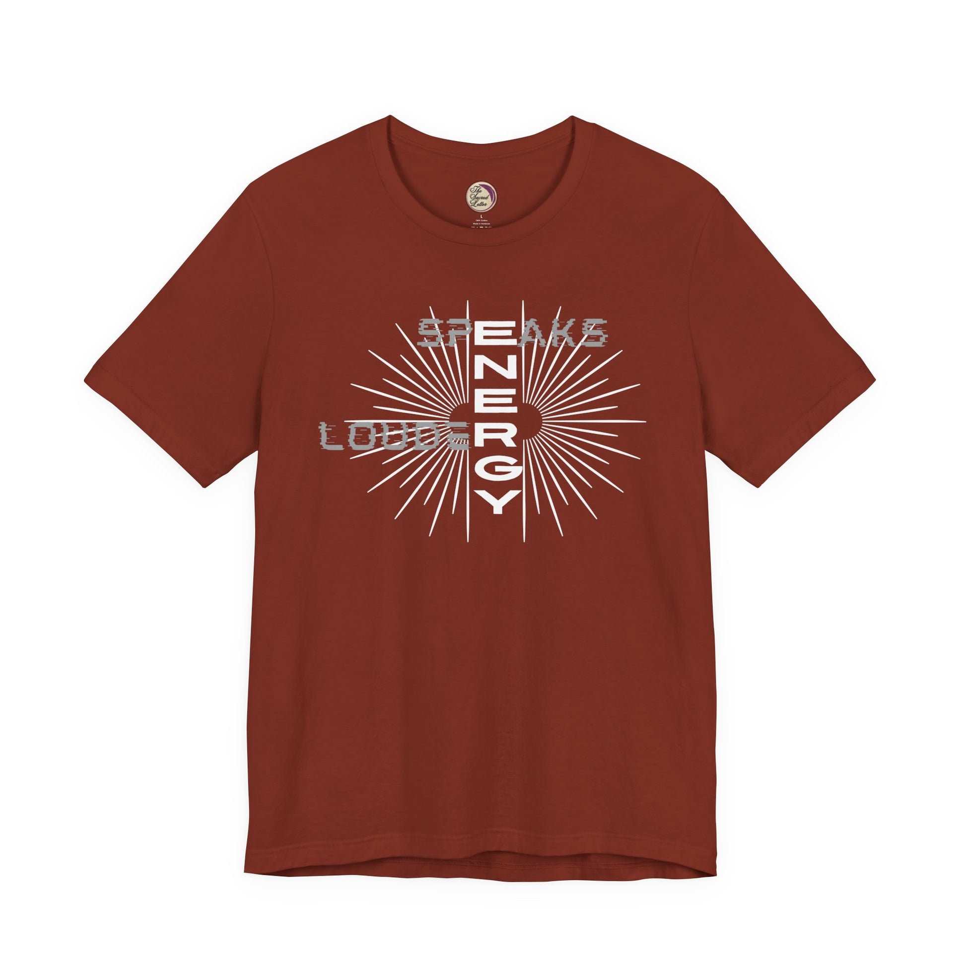 Brown t-shirt with white graphic design on a white background