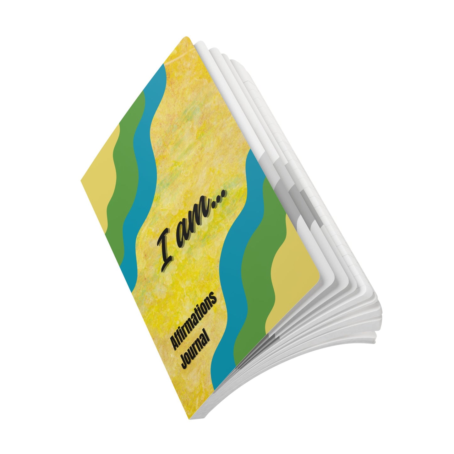 Stack of 'I am... Affirmations Journal' books with a yellow cover and blue and green wave design.