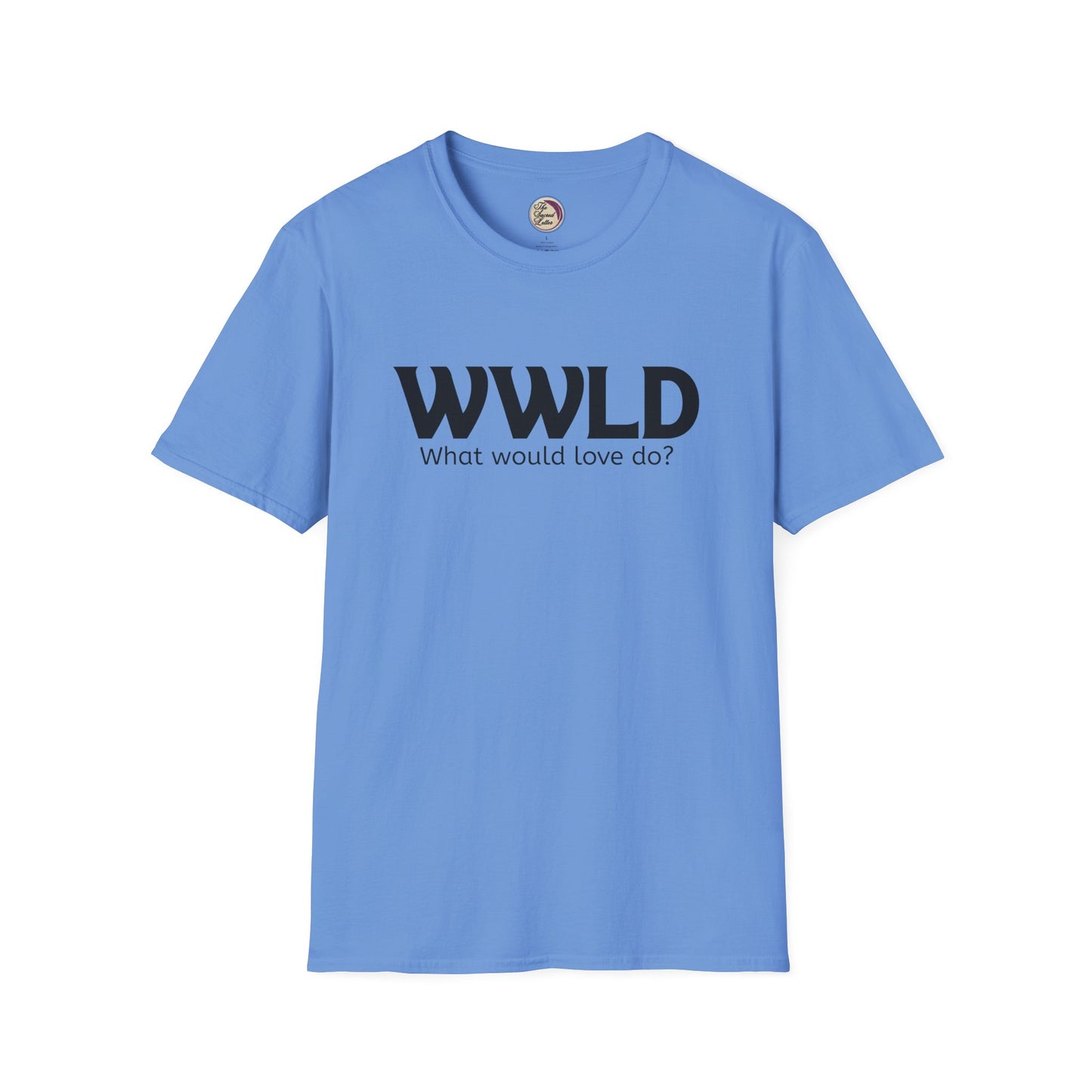 Light blue t-shirt with 'WWLD What would love do?' text on a white background