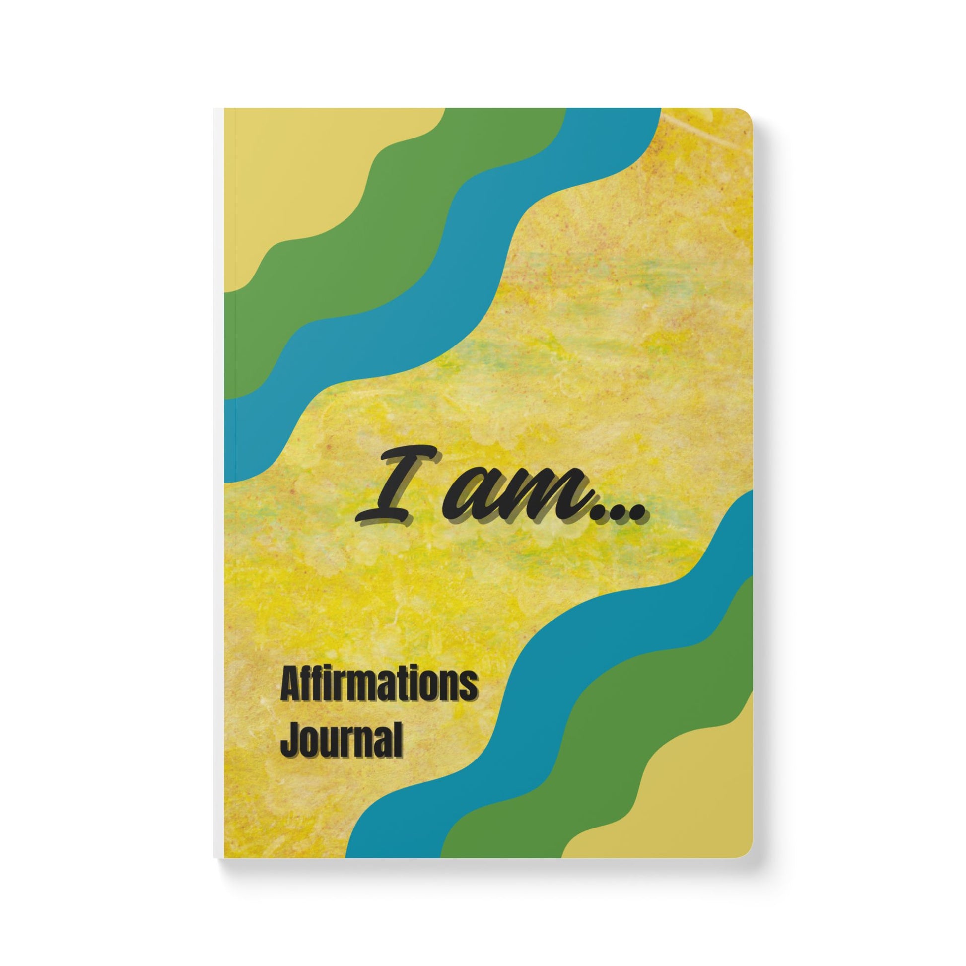 Journal with 'I am... Affirmations Journal' text on a yellow background with blue and green wavy patterns