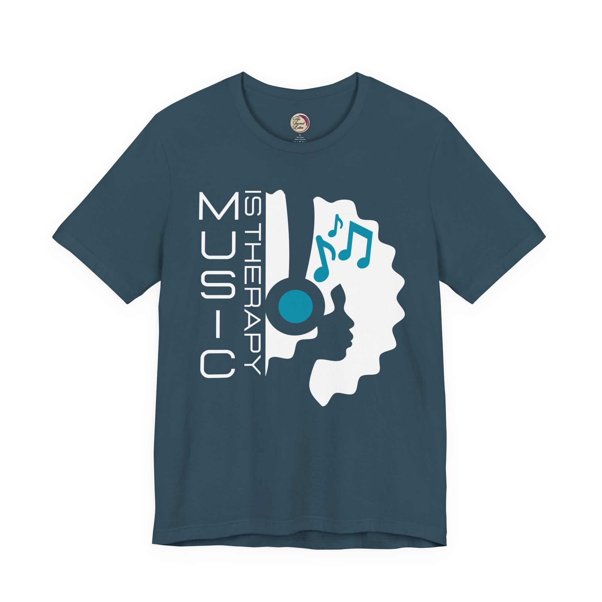 Navy blue t-shirt with music-themed design and text on a white background