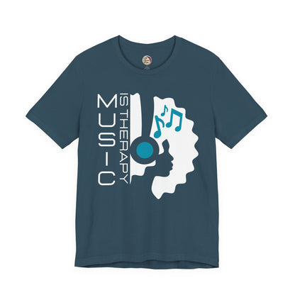 Navy blue t-shirt with music-themed design and text on a white background