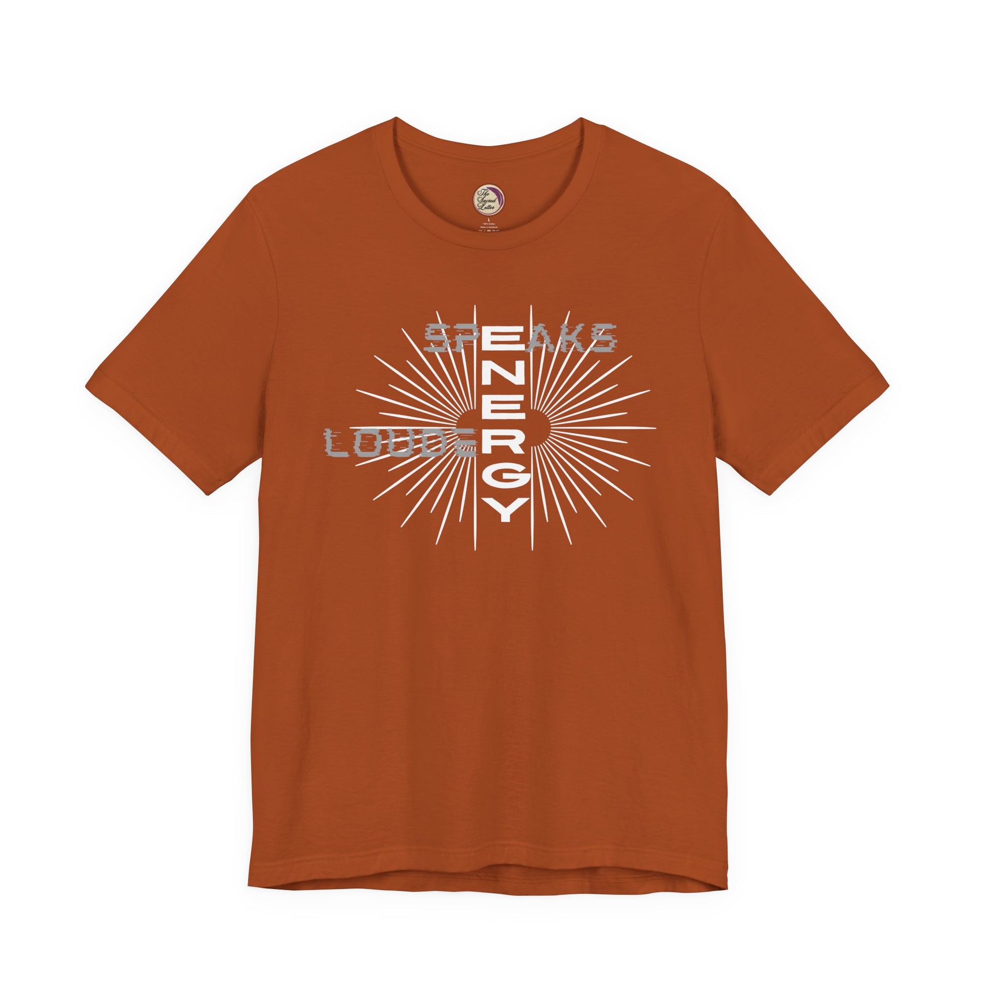 Brown t-shirt with white graphic design on a white background