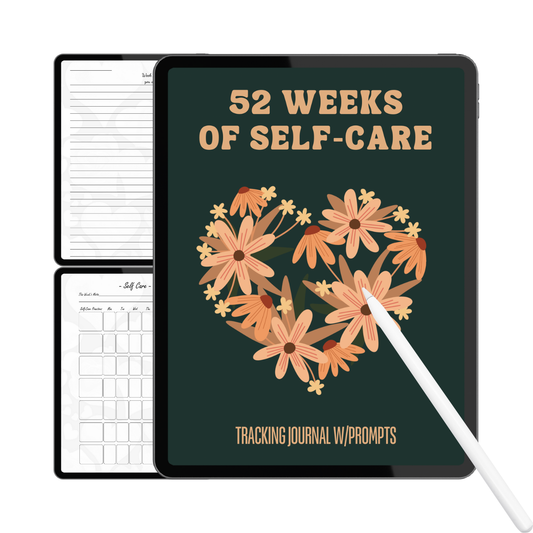 Digital mockup of a tablet with '52 Weeks of Self-Care' tracking journal on a white background