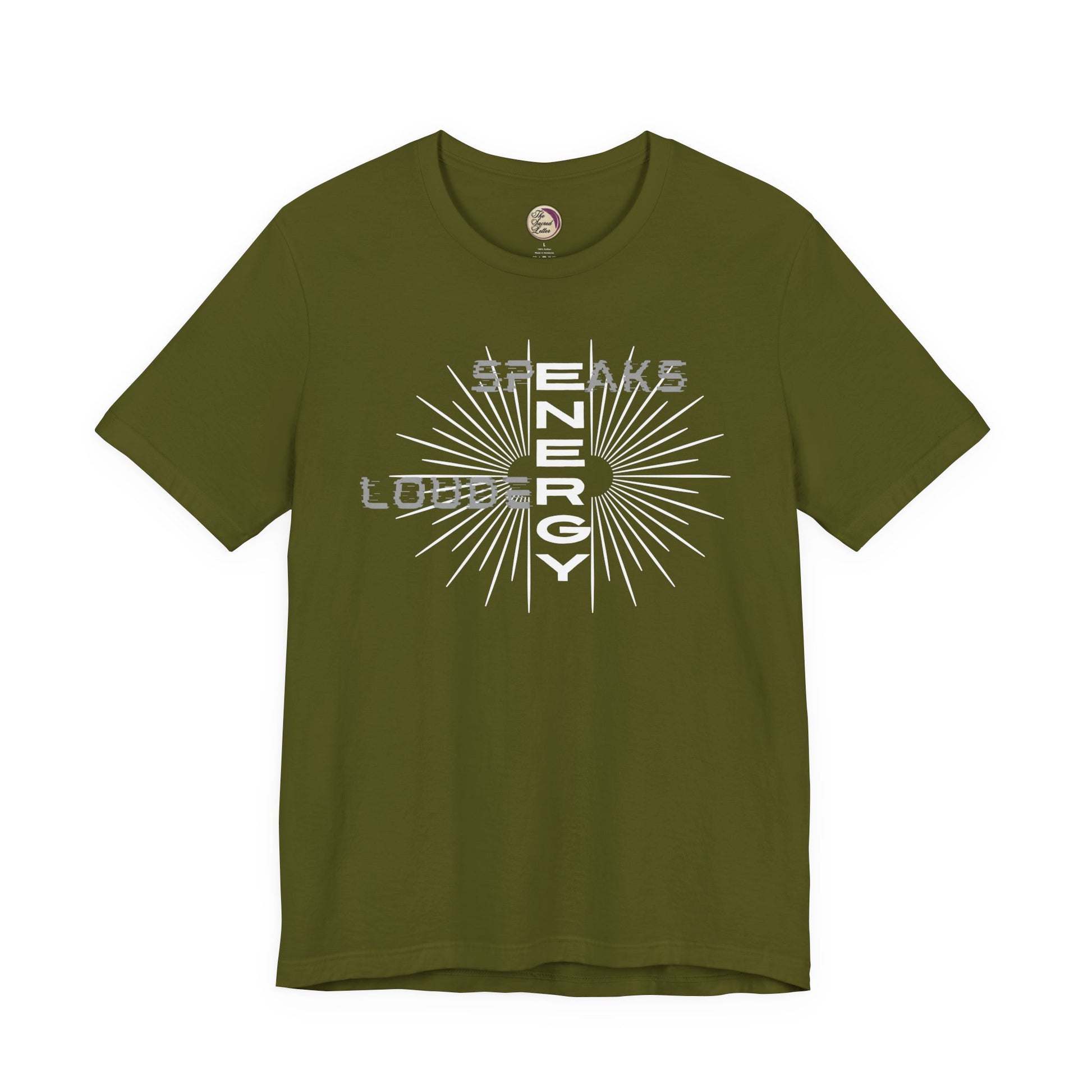 Green t-shirt with white graphic design on a white background