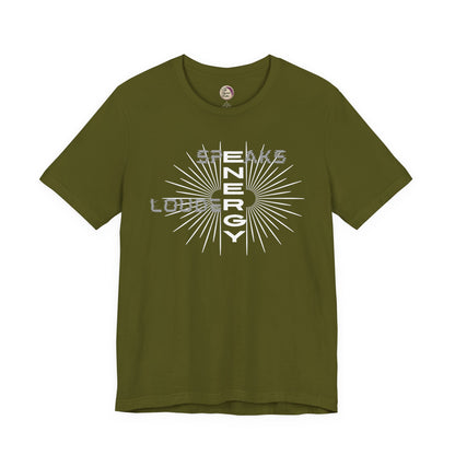 Green t-shirt with white graphic design on a white background