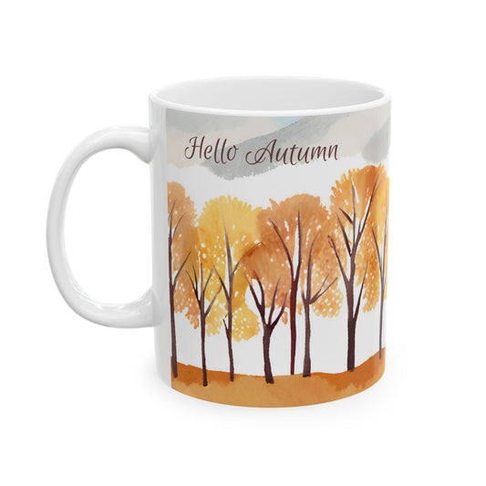 Mug with autumn-themed design featuring trees and 'Hello Autumn' text on a white background