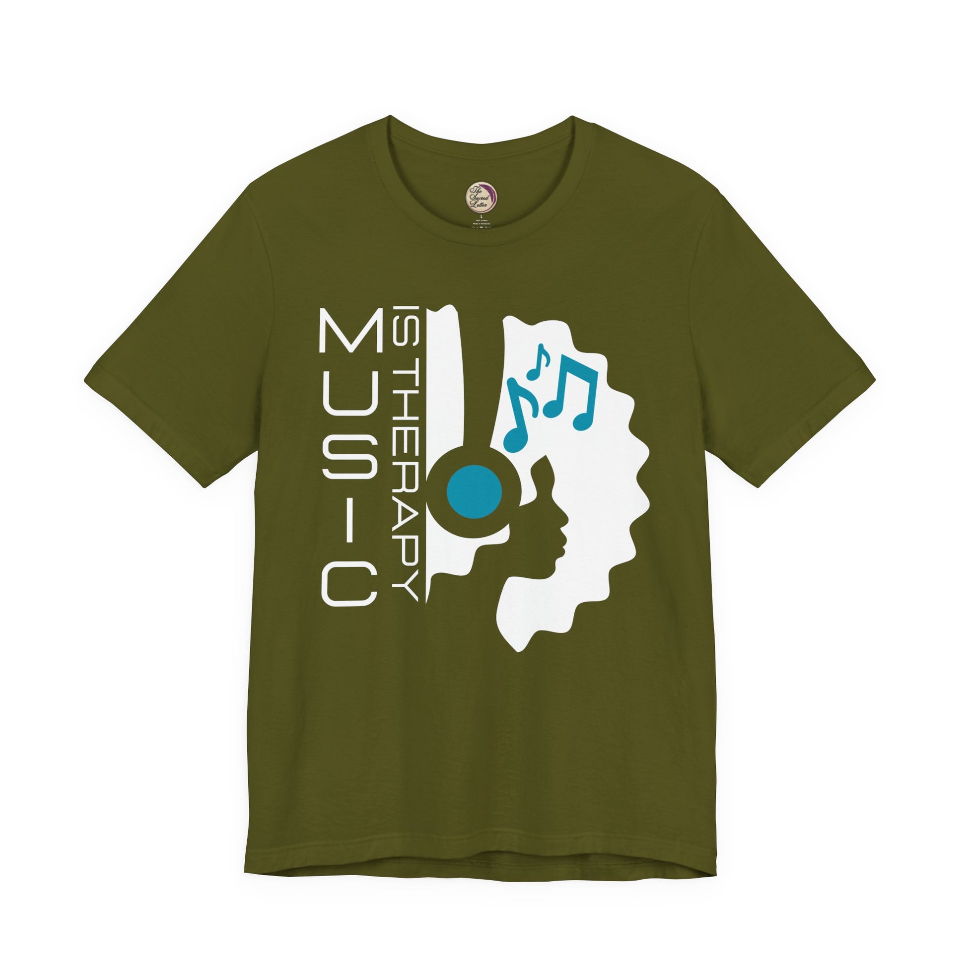 Green t-shirt with music-themed design and text on a white background