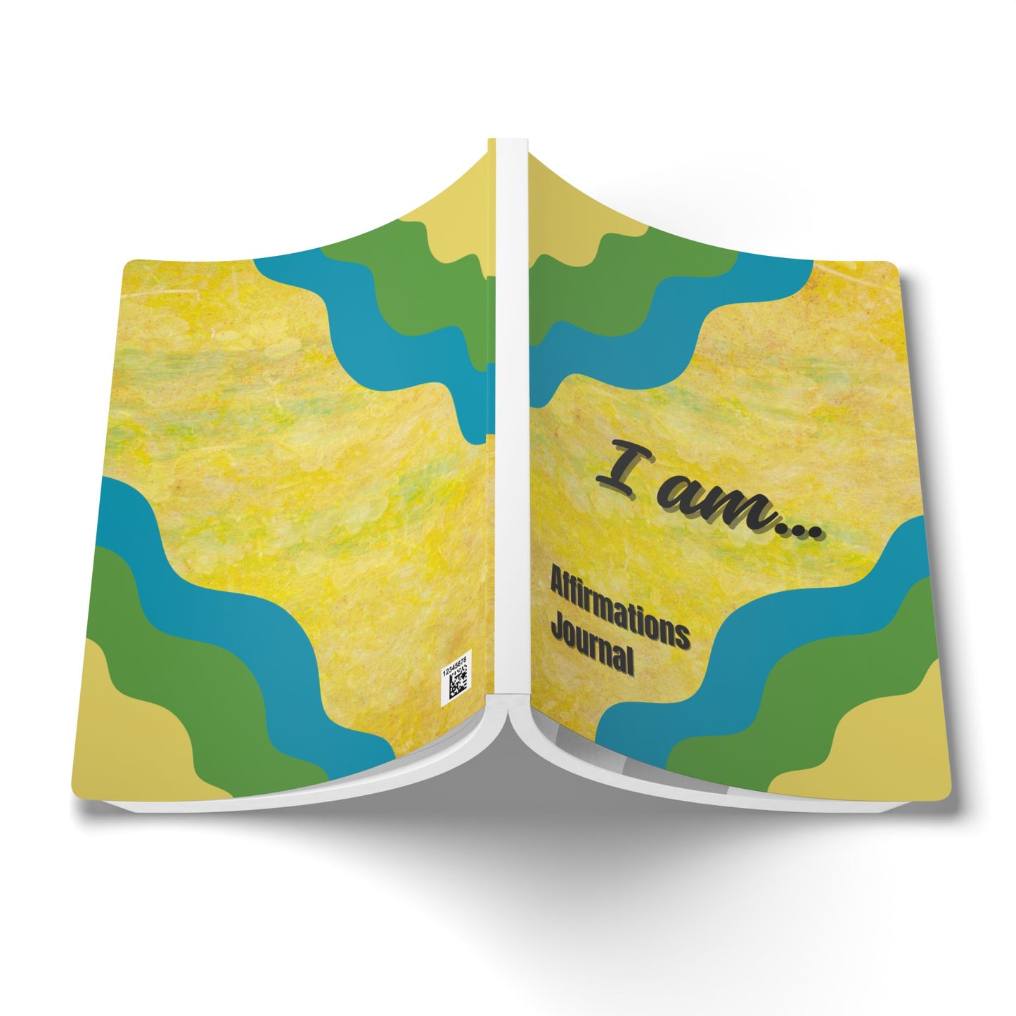 Open journal with yellow and green abstract design on a white background