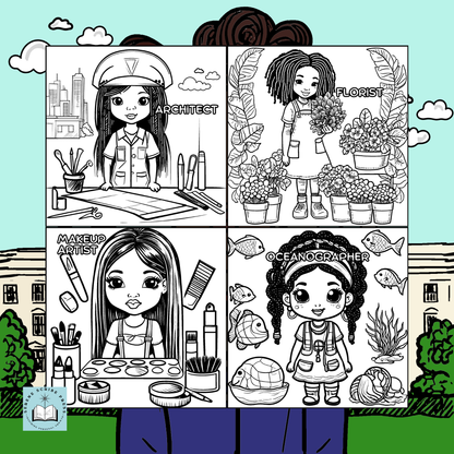 Illustrations of a girl in different professions with corresponding icons and text.