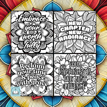 Coloring book with motivational quotes and mandala designs on a colorful circular background
