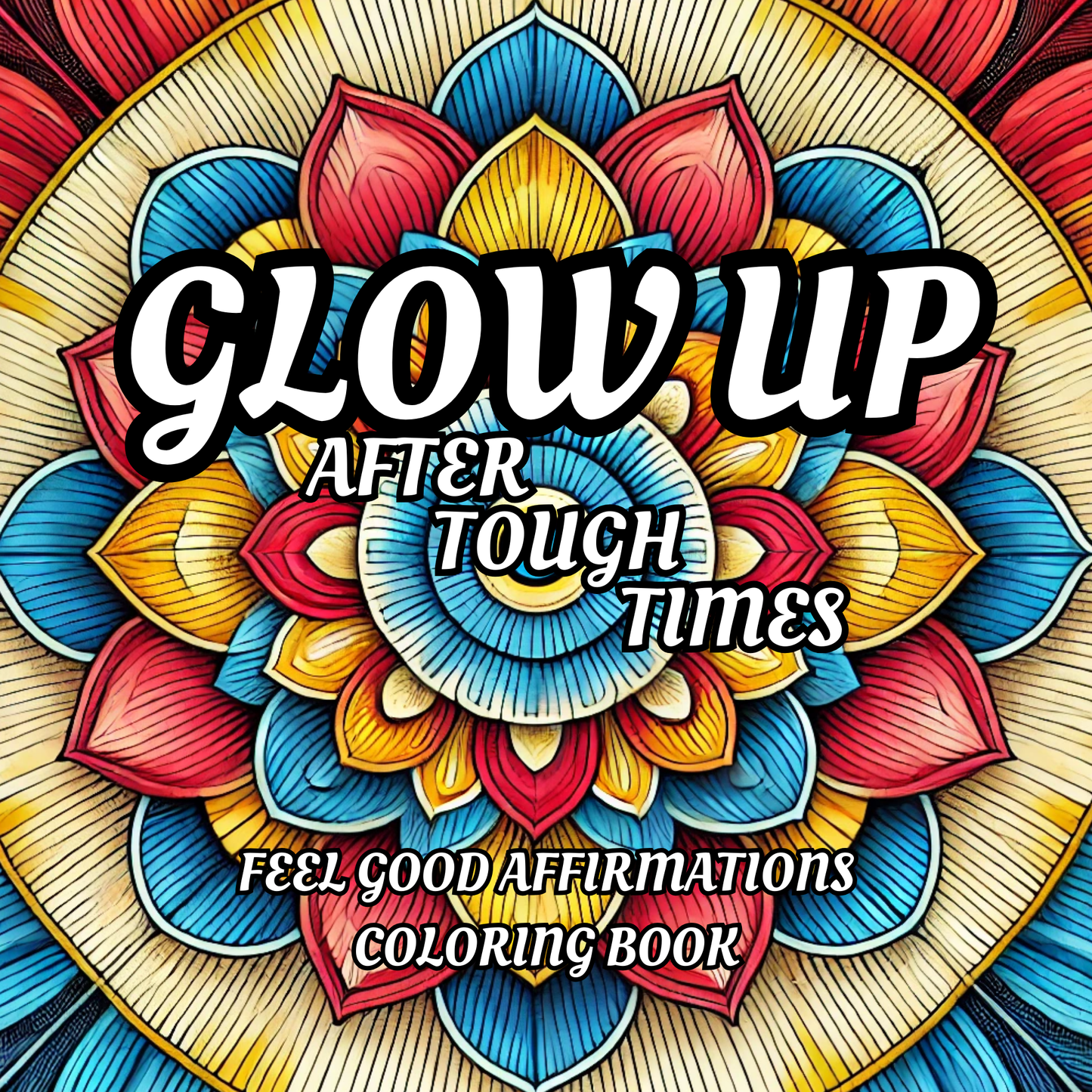Colorful mandala design with text 'Glow Up After Tough Times' and 'Feel Good Affirmations Coloring Book' on a vibrant background.