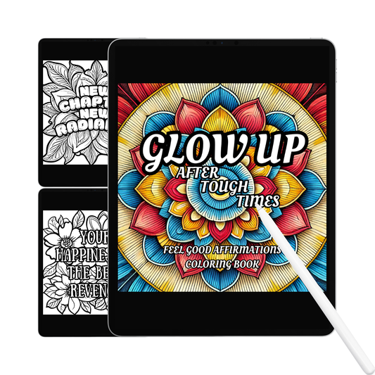 Coloring book titled 'Glow Up After Tough Times' with mandala design on a tablet screen.