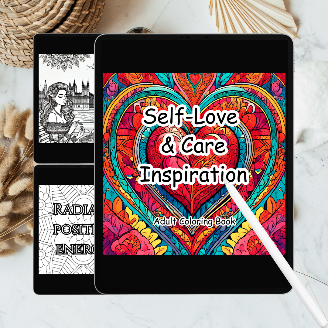 Coloring book titled 'Self-Love & Care Inspiration' on a tablet with a stylus, on a marble surface.
